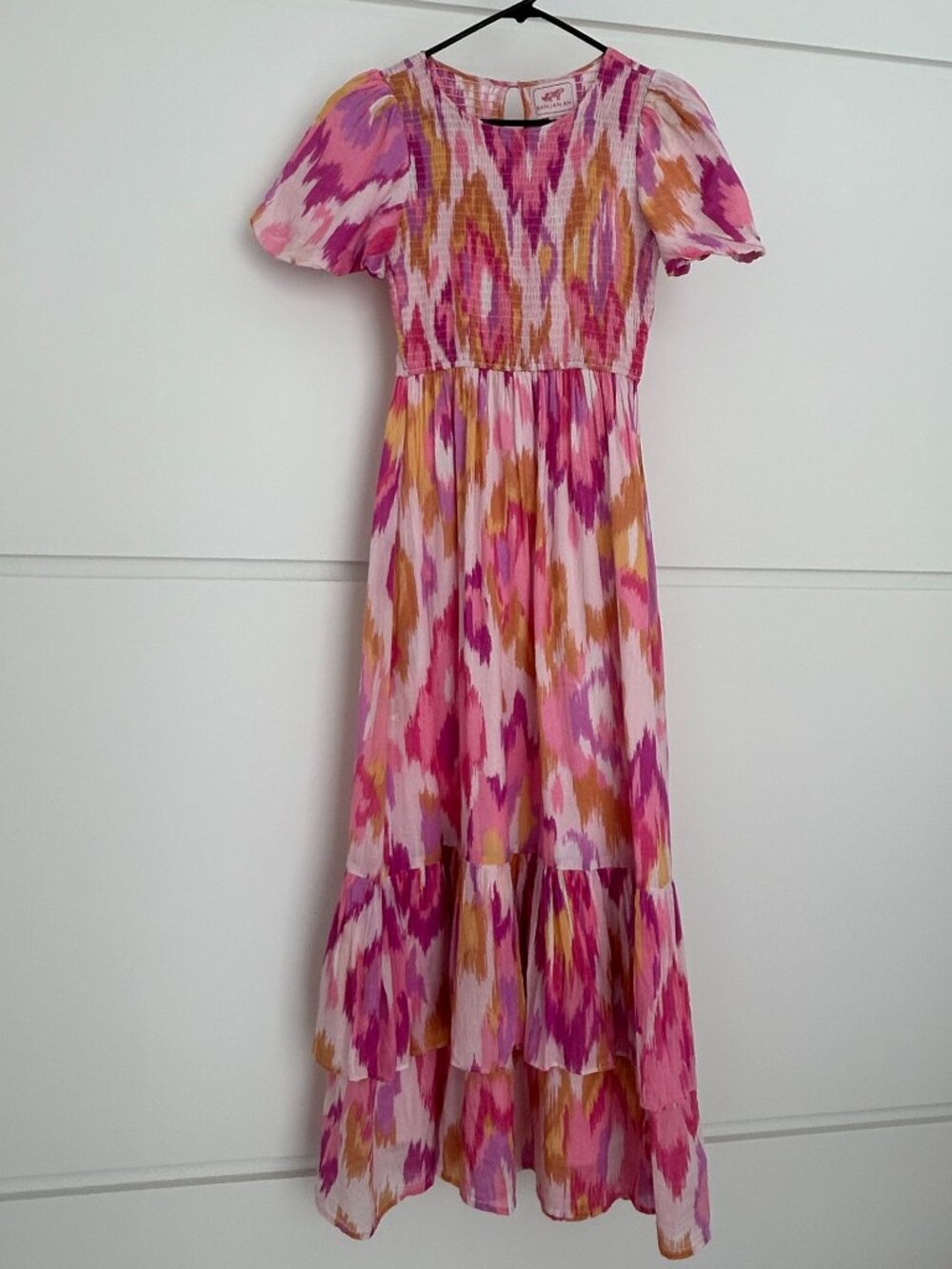 Banjanan Ikat Print Midi Dress Size S Pink Smocked Puff Sleeve